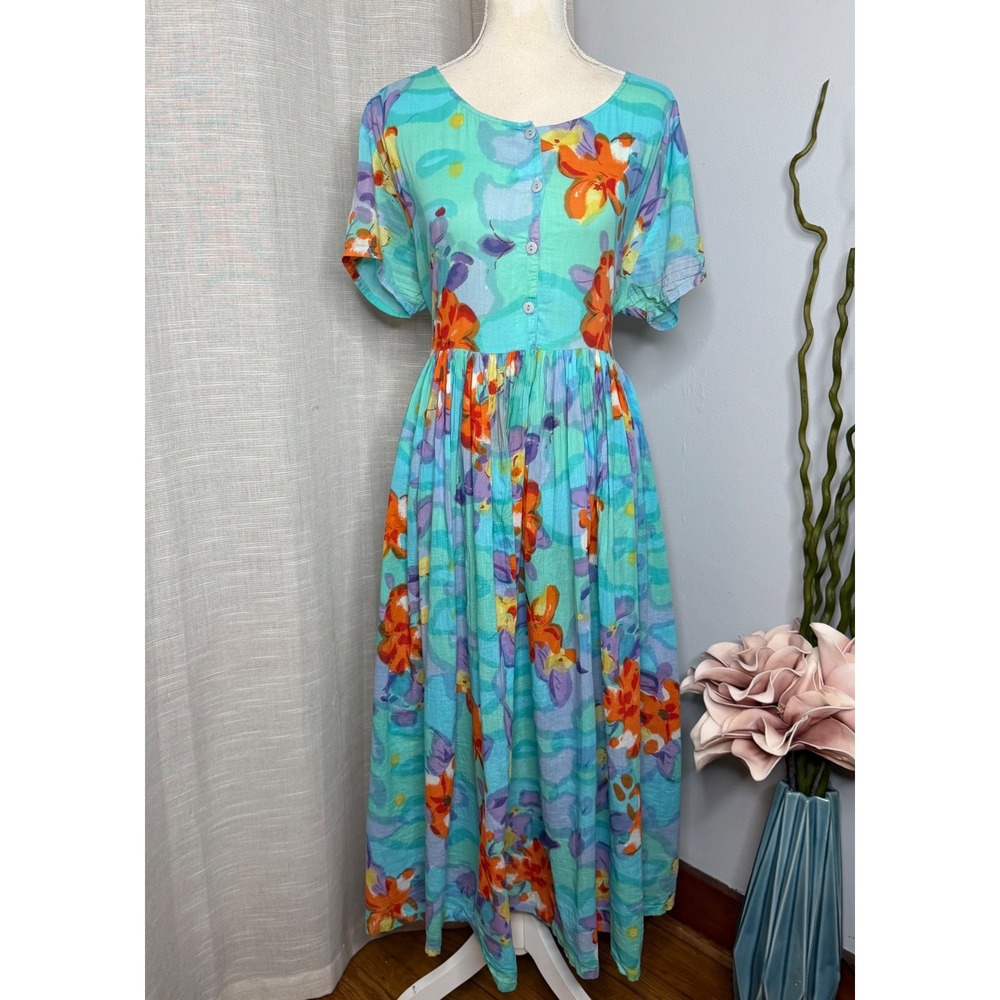 Jane Ashley Midi Dress Tie Back Waist Watercolor Floral 100% Cotton Blue Medium